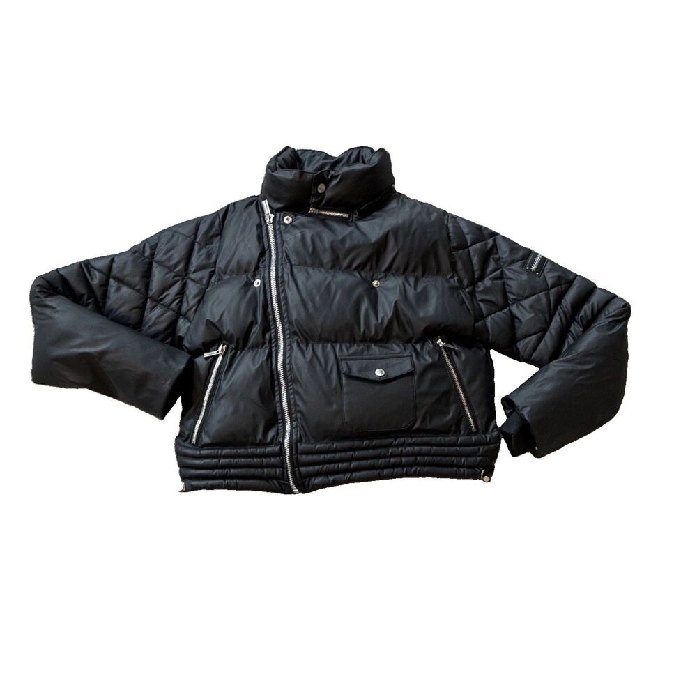 Maniere De Voir Us 4 Uk 8 Black Matte Cropped Biker Zip Up Puffer Jacket